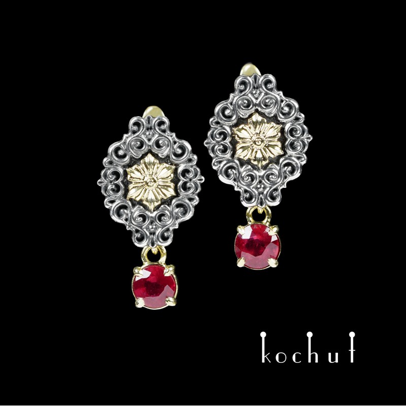 Earrings «Notre-Dame». Silver, yellow gold, rubies, oxidized