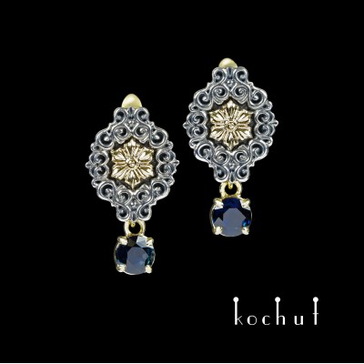  Earrings «Notre-Dame». Silver, yellow gold, sapphires, oxidized