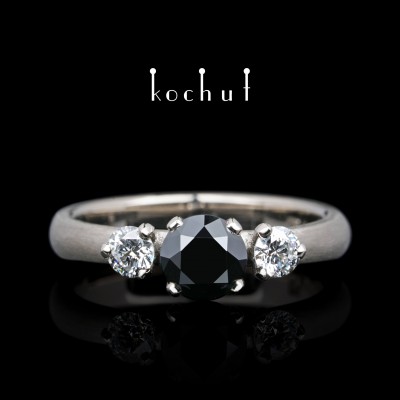 Engagement ring «Athena».  Palladium gold, black diamond, diamonds