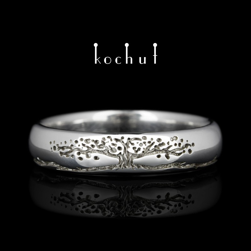 Narrowed Wedding Ring «The Tree of Life: stems». Silver, white rhodium