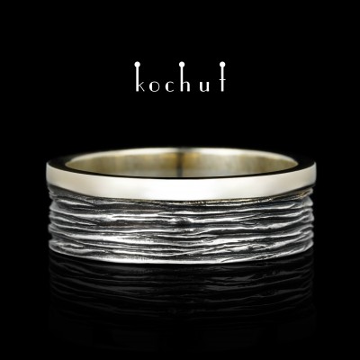 Wedding ring «Tree bark with a rim». White gold, silver, oxidized