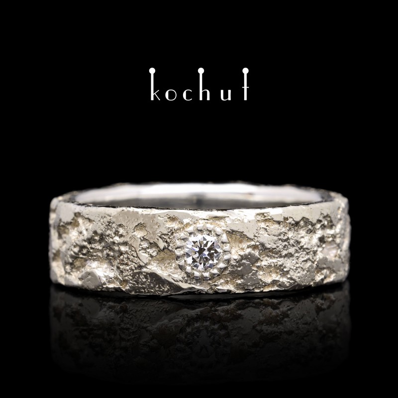 Wedding ring «Soul and body with forging Light». Silver, plating white gold, diamond