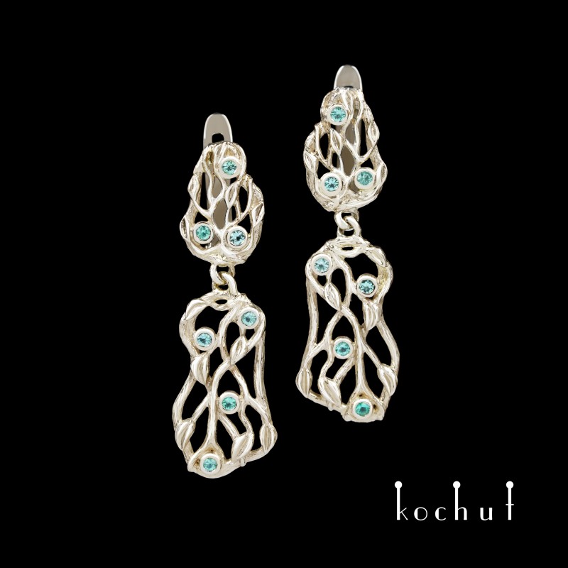 Earrings «Forest Veil». White gold, emeralds
