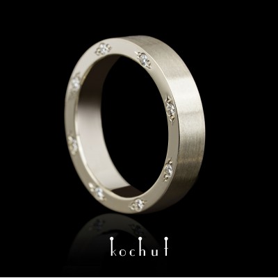Flat-shaped wedding ring «Aristocrats». White gold, diamonds