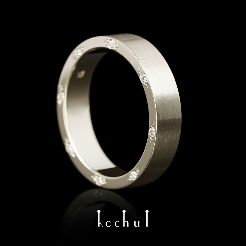 Flat-shaped wedding ring «Aristocrats». White gold, diamonds