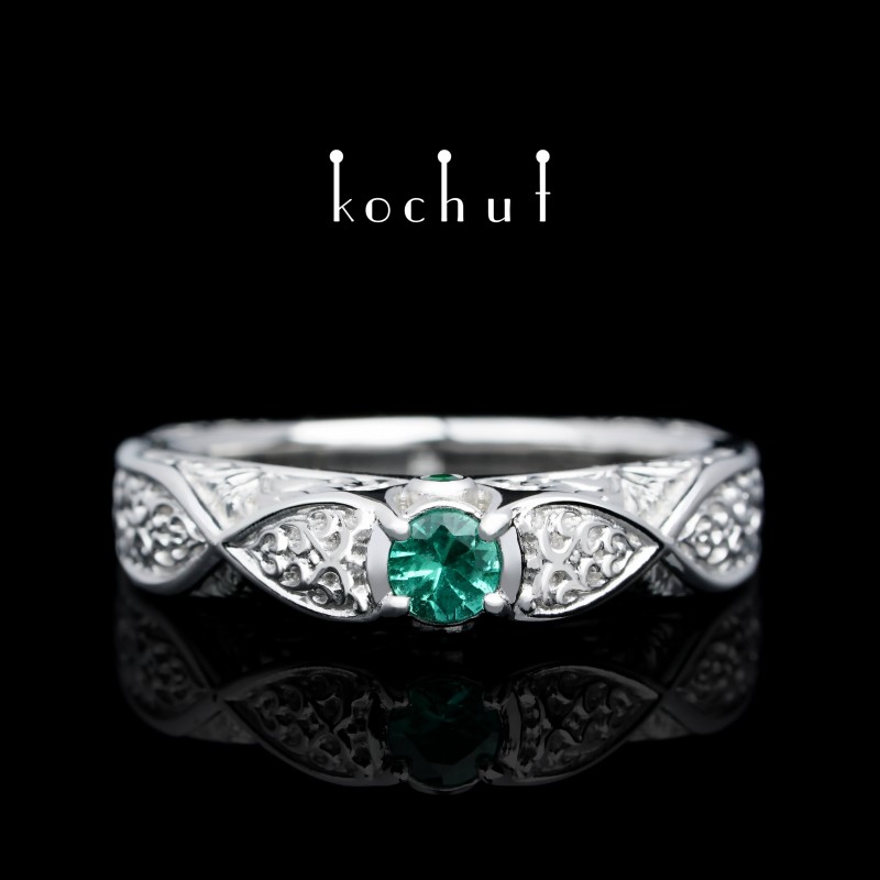 Engagement ring «Versailles». White gold, emeralds, white rhodium 