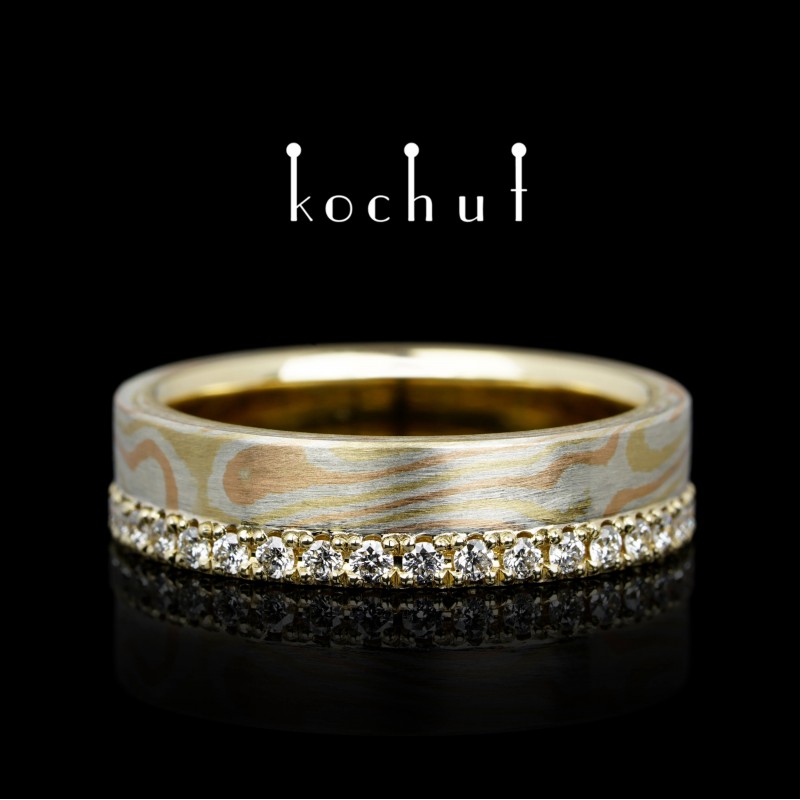 Обручальное кольцо мокуме «Акари». Серебро, желтое и красное золото, бриллианты