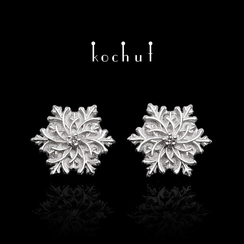 Earrings «Gerda's touch». Silver, white rhodium, diamonds 