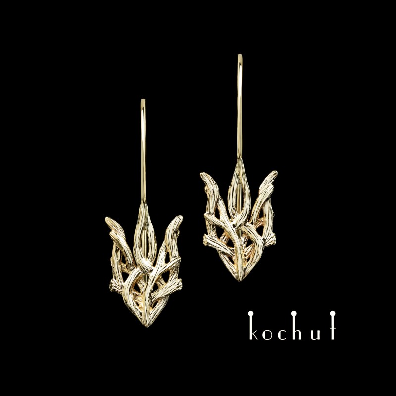 Earrings «Forest tridents». Yellow gold