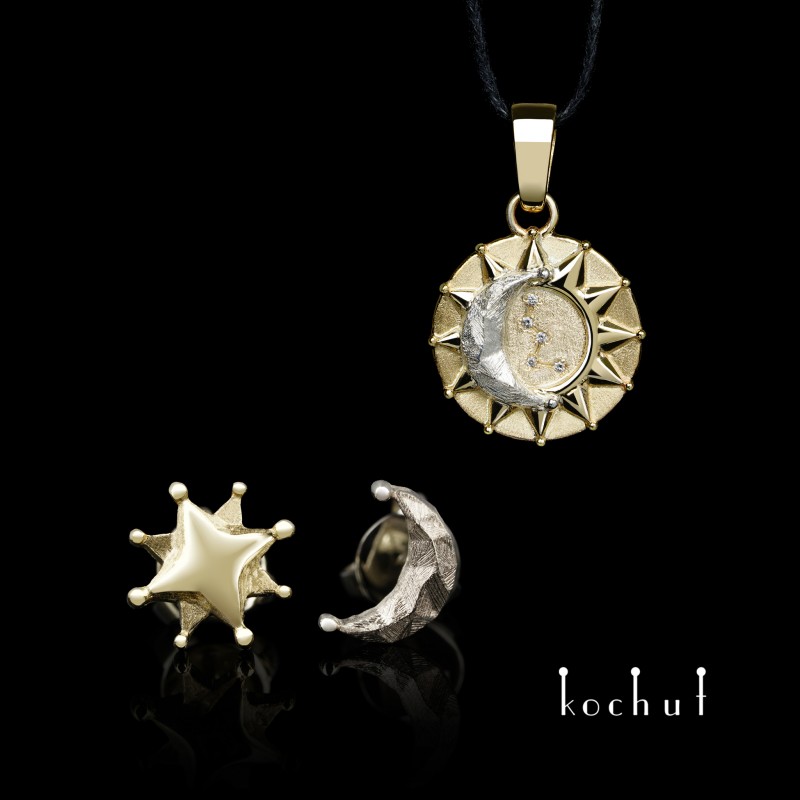 Jewellery set «Sun and Moon». White gold, yellow gold, silver, diamonds
