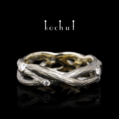 Wedding ring «Forest Mobius ribbon». White gold, black rhodium, diamonds