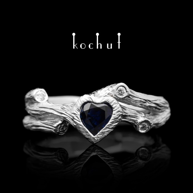 Heart of the forest — ring made of white gold with sapphire and diamonds, covered with white rhodium