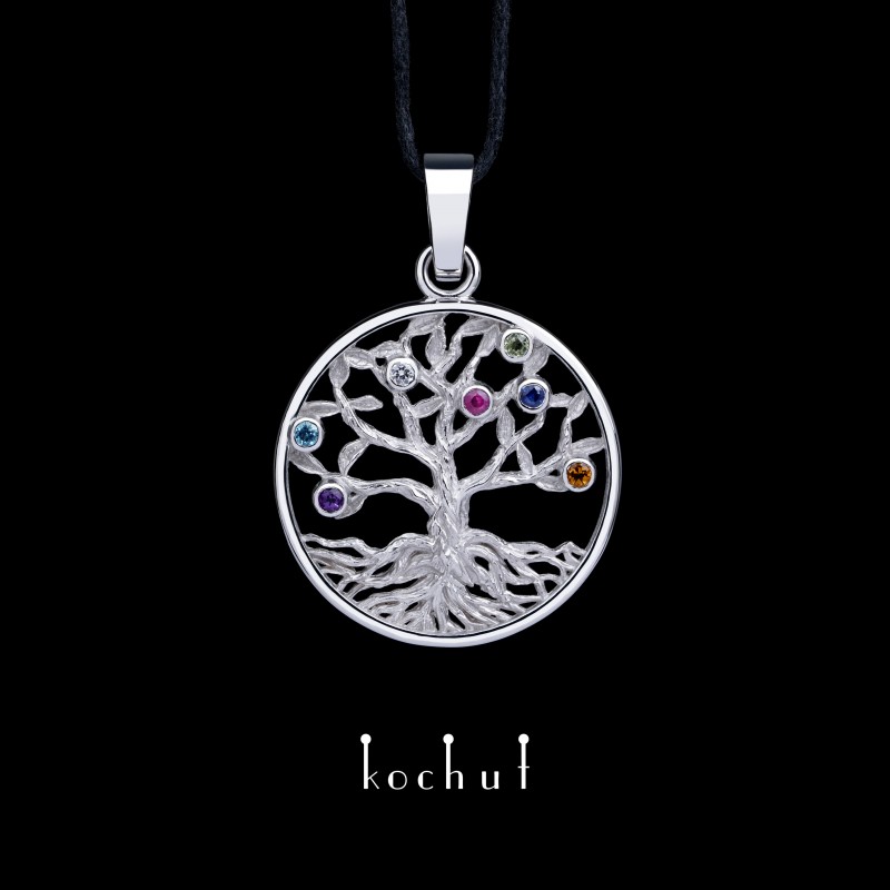Pendant «Tree of life: fruits». White gold, white rhodium, amethyst, topaz, diamond, ruby, chrysolite, sapphire, citrine