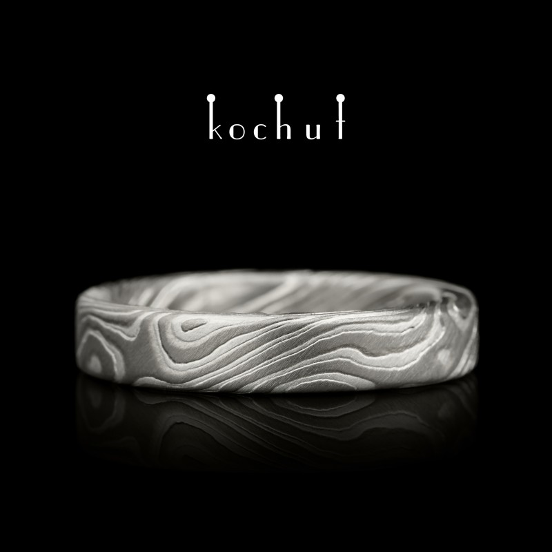 Mokume wedding ring «Kanso». Etched silver, palladium gold