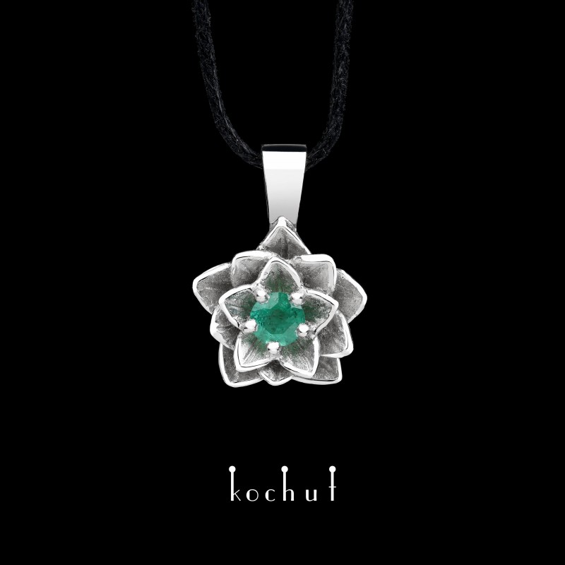 Pendant «Heart Lotus.» Silver, emerald, white rhodium