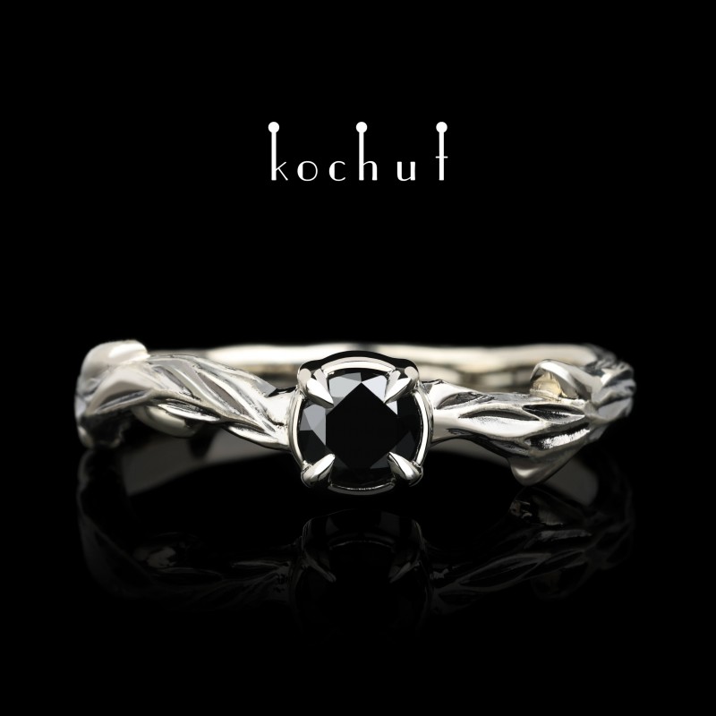 Ring «March twig». White gold, black rhodium, black diamond 