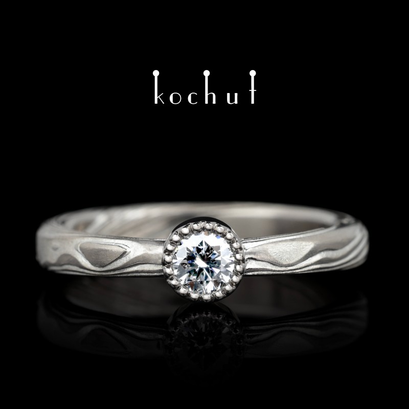Engagement ring "Yuna". Palladium gold, etched silver, diamond