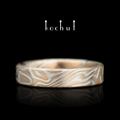 Mokume wedding ring «Kanso». Etched silver, red gold 