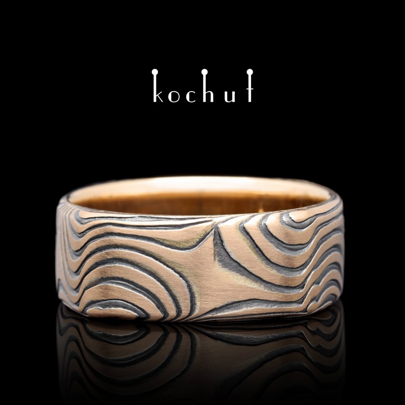 Mokume ring «Chronicles of the Sun». Red gold, etched and oxidized silver