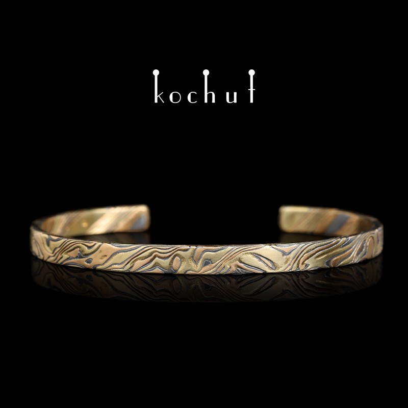 Mokume bracelet «Kanso». Red, yellow gold, etched and oxidized silver