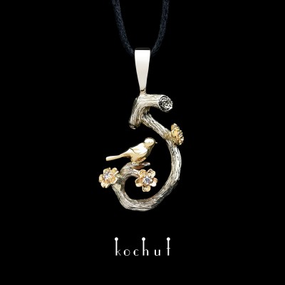 Pendant «Bird on a twig with flowers: Spring». Yellow and white gold, diamonds, white rhodium