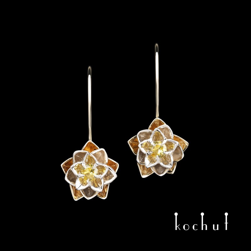 Earrings «Heart Lotus». White and yellow gold, yellow sapphires