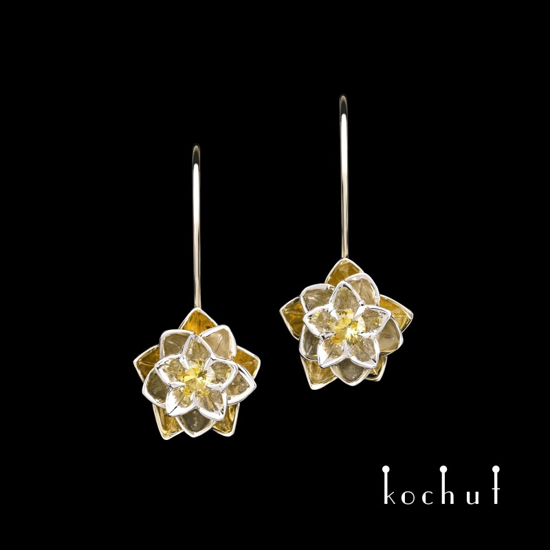 Earrings «Heart Lotus». White and yellow gold, yellow sapphires