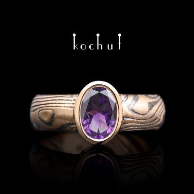 Ring mocume «Sophora. Nectar». Red gold, etched silver, oxidation, amethyst