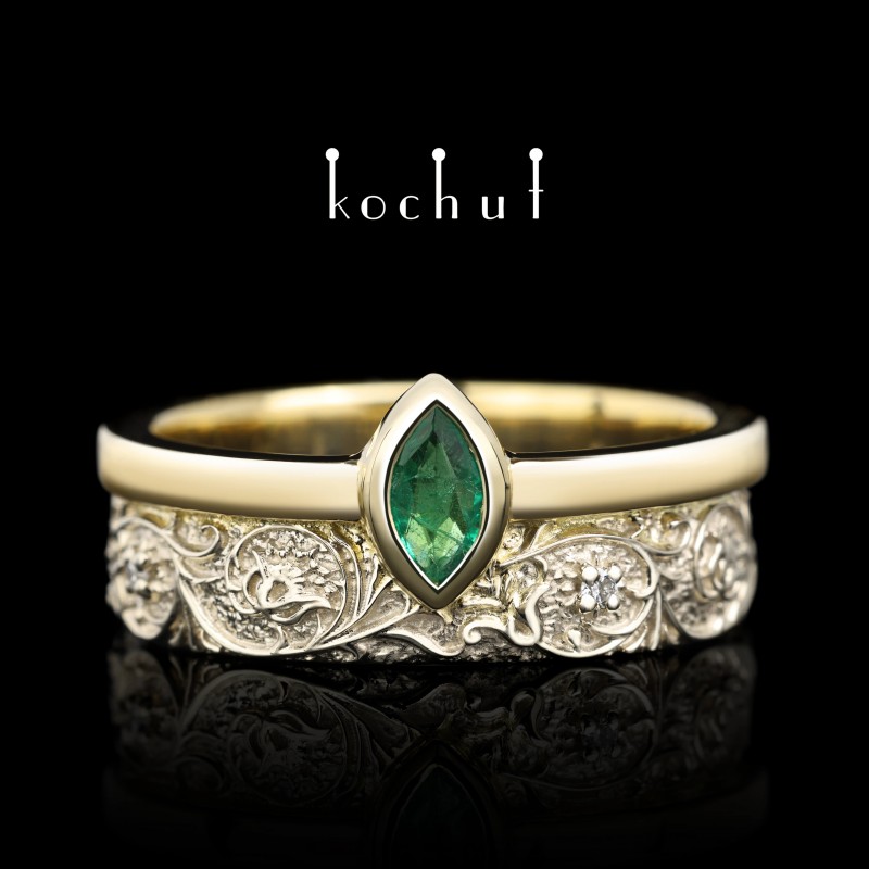 Harmony of nature — wedding ring made of white and yellow gold with emerald and diamonds