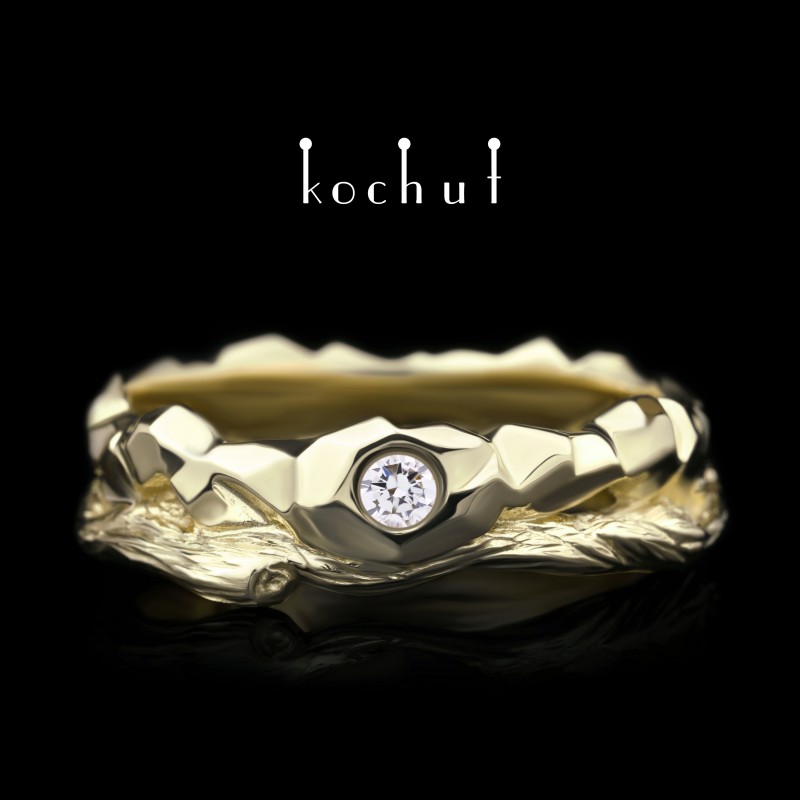 Обручка «Камінь і гілочка». Жовте золото, діамант