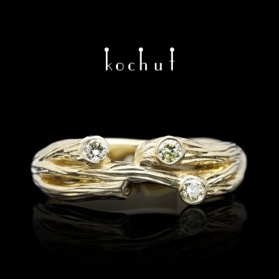 Vestuvinis žiedas „Šakelė: rasos lašeliai“. Geltonas auksas, deimantai