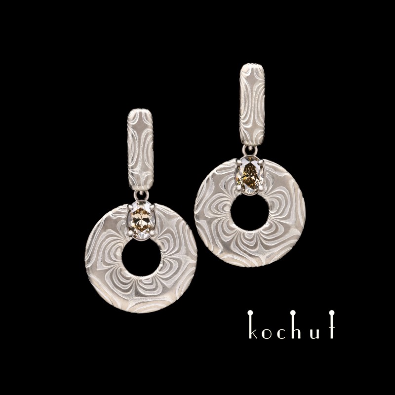 Mokume earrings «Precious Astrolabe». Palladium gold, etched silver, diamonds
