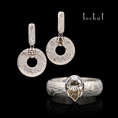Mokume jewelry set «Precious Astrolabe». Palladium gold, etched silver, diamonds