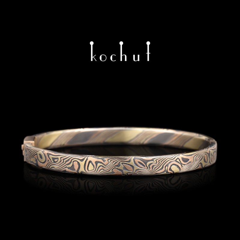 Mokume bracelet «Enso». Red, yellow gold, etched silver, oxidized