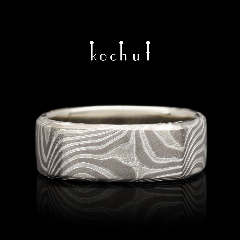 Mokume ring «Chronicles of the Moon». Palladium gold, white gold, etched silver