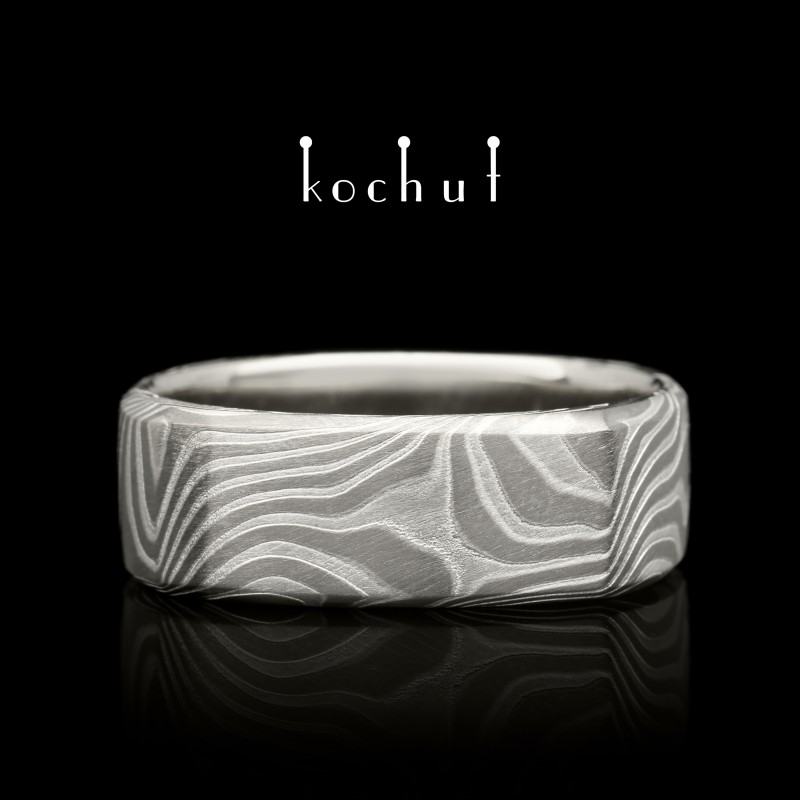 Mokume ring «Tenno». Palladium gold, white gold, etched silver