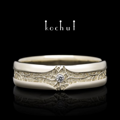 Wedding ring «Noble roots». White gold, diamond