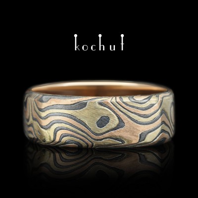 Mokume ring «Tenno». Red gold, yellow gold, etched and oxidized silver