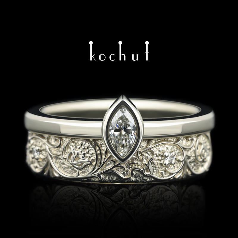 Wedding ring «Harmony of nature». White gold, marquise-cut diamond, diamonds