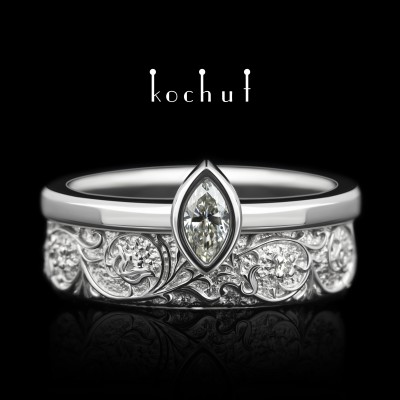 Wedding ring «Harmony of nature». White gold, marquise-cut diamond, diamonds, white rhodium