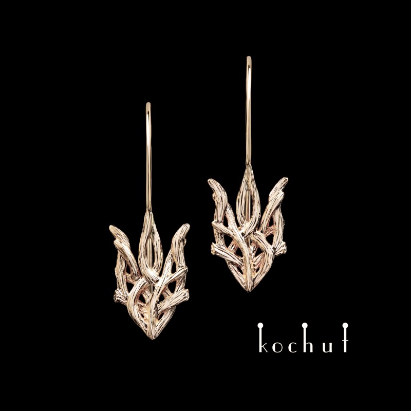 Earrings «Forest tridents». Red gold