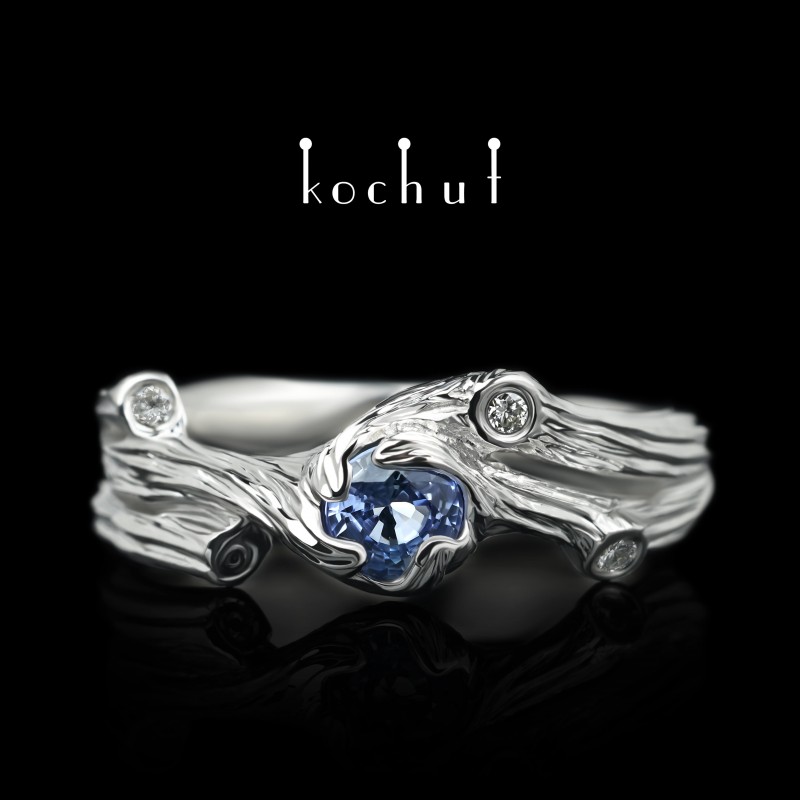 Ring «Twig». White gold, white rhodium, cornflower sapphire, diamonds