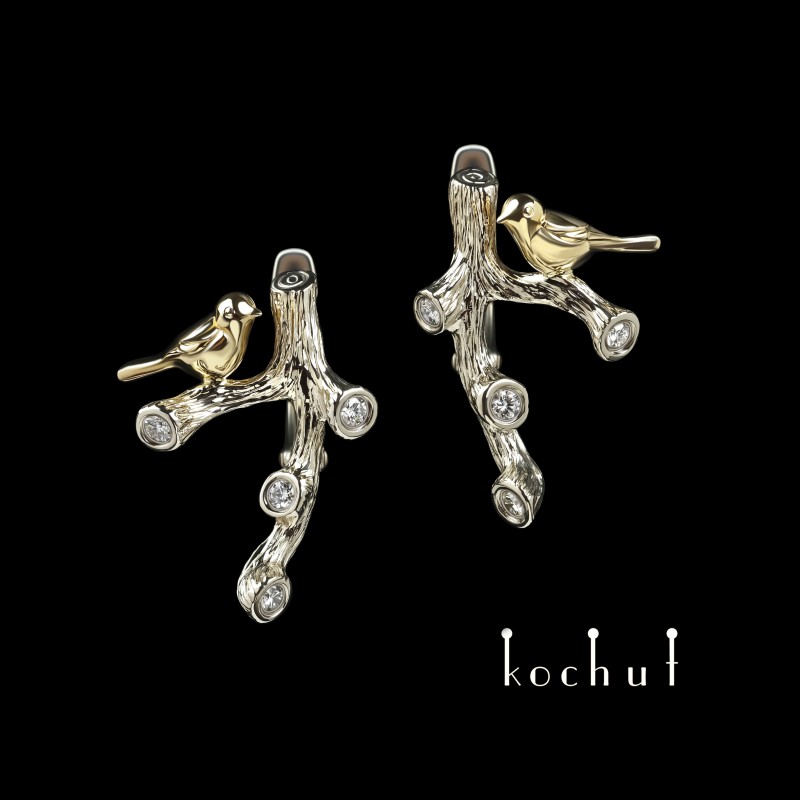 Earrings «Birds on a twig». White, yellow gold, diamonds