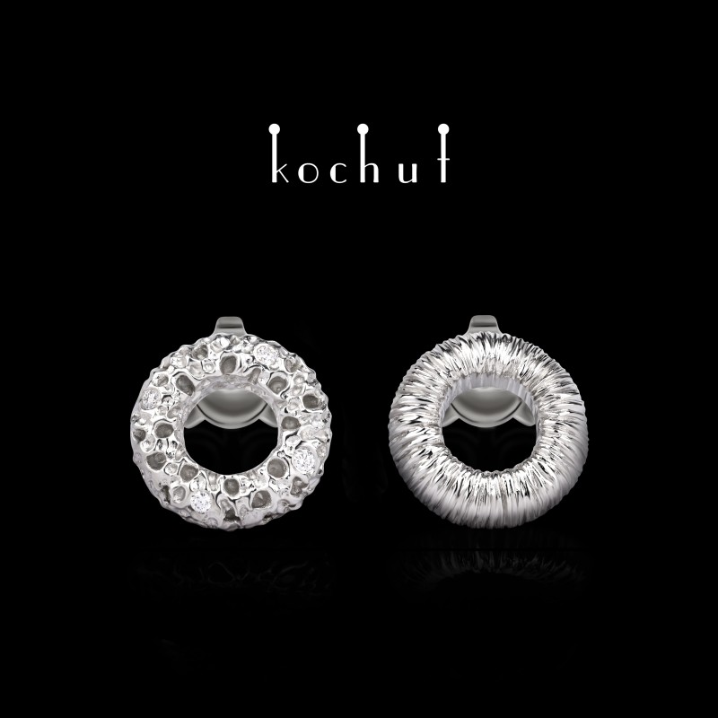 Earrings «Space Mirage». White gold, diamonds, white rhodium
