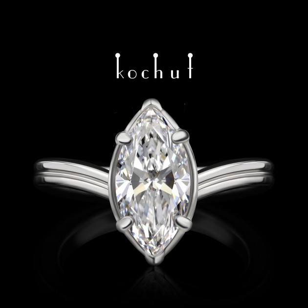 Engagement ring «Arwen». White gold, marquise-cut diamond, white rhodium