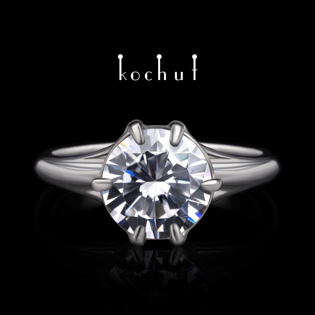 Engagement ring «Melian». White gold, two carat diamond, white rhodium