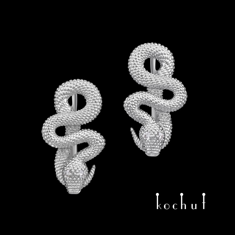 Earrings «Love of the shrew». White gold, white rhodium, diamonds