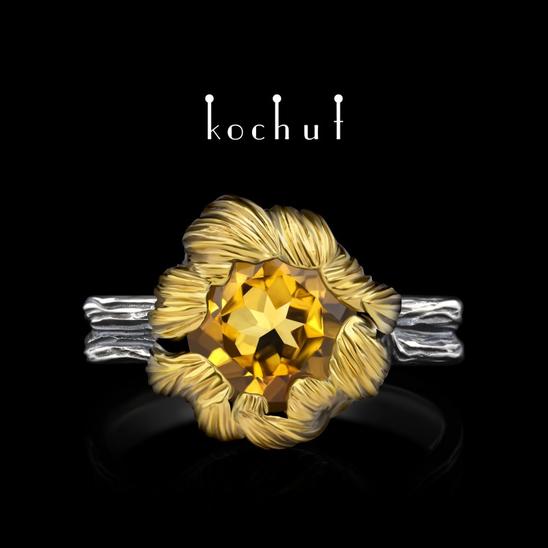 Prsten «Pivoňka». Stříbro, citrín, oxidace, pozlacení