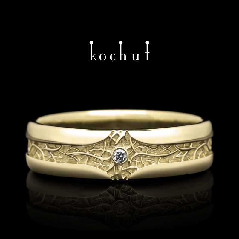Wedding ring «Noble roots». Yellow gold, diamond