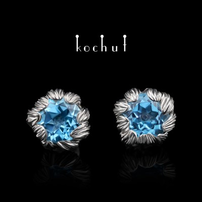 Stud-earrings «Peony». Silver, topazes, white rhodium